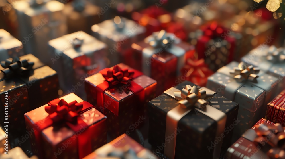 Poster a close-up of a collection of wrapped presents in a variety of colors and patterns, creating a festi