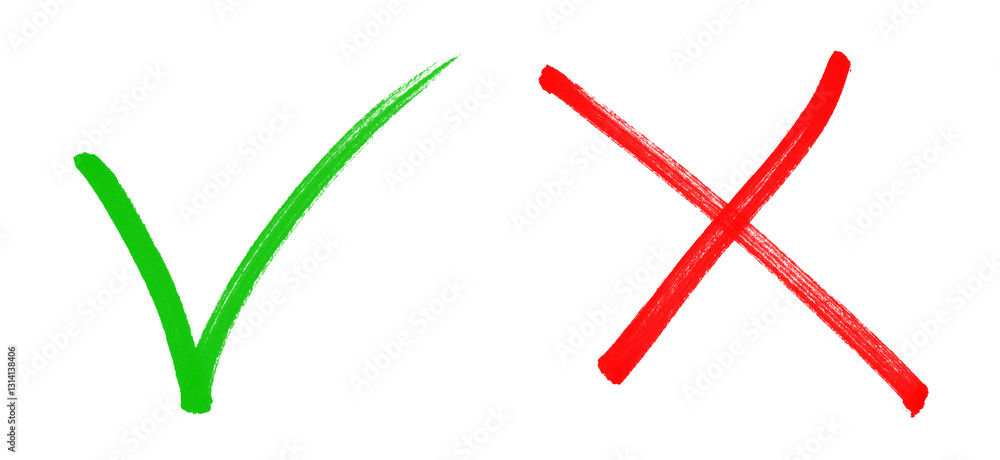 Fototapete green check mark, red cross, x mark icon set, hand drawn right and wrong vector sign in circle brush