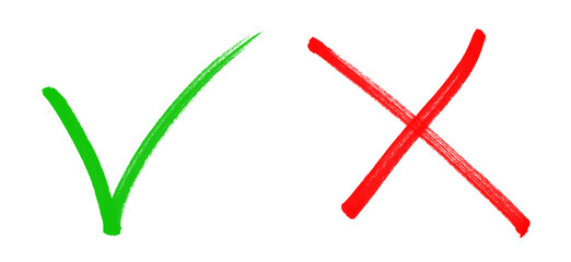 Green check mark, red cross, x mark icon set, Hand drawn right and wrong vector sign in circle brush stroke outline shape. Check mark isolated vector tick mark symbol and x cross sign in brush style. 