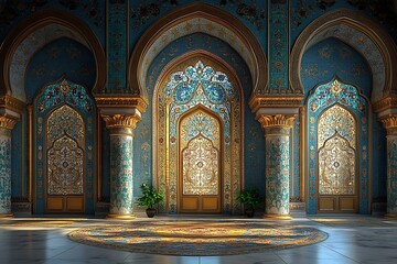 Obraz premium Elegant Interior with Intricate Arches and Ornate Stained Glass Windows