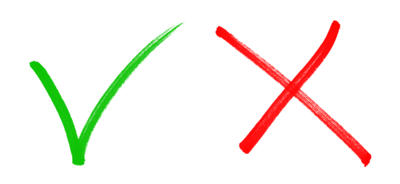 Green check mark, red cross, x mark icon set, Hand drawn right and wrong vector sign in circle brush stroke outline shape. Check mark isolated vector tick mark symbol and x cross sign in brush style. 
