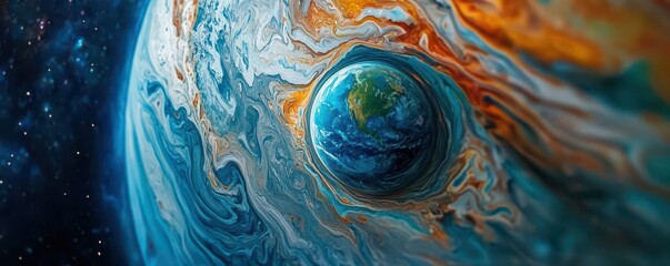 A captivating aerial view of a vibrant planet showcasing a striking blue center surrounded by swirling clouds and hues of deep blue, creating a mesmerizing cosmic landscape.