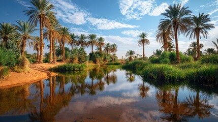 Palm trees stand near river. Water reflects the sky and trees. Tall plants grow on river bank. Nature scene with clear sky. Outdoor landscape.