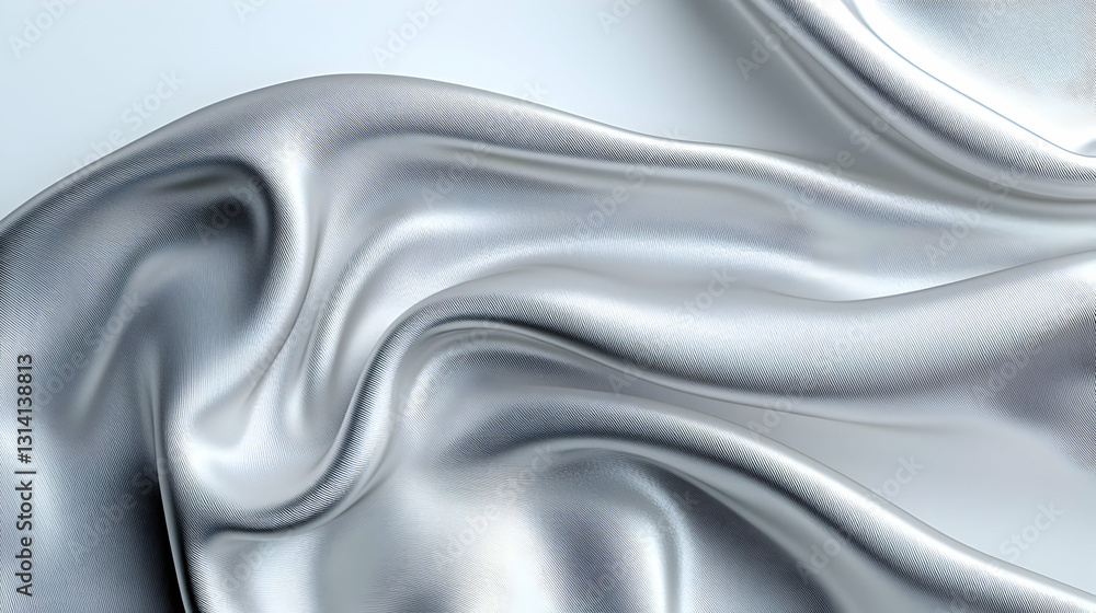 Poster silver and white metallic fabric with a textured pattern draped in elegant folds on white backdrop w