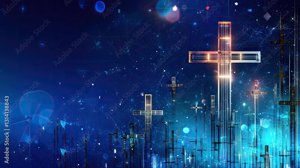 Poster modern blue digital composition with a pattern of small squares and crosses glowing softly