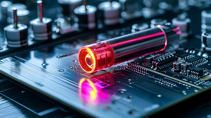 Close Up of a Glowing Red and Pink Cylindrical Component On a Dark Blue Circuit Board With Intricate Connections and Reflections in Soft Focus