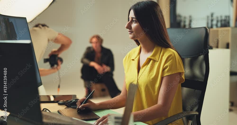 Poster woman, computer and editing photography in studio for checking image design and creative magazine. b