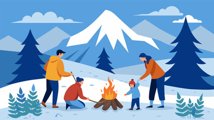 Fototapeta premium Against a backdrop of snowcovered mountains a family works together to gather dead branches and pinecones from the forest floor to fuel their. Vector illustration