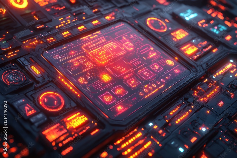 Poster futuristic cockpit display with glowing interface, showing various data
