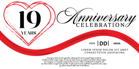 Vector 19th anniversary celebration logo lovely red ribbon abstract vector on white background design template illustration.