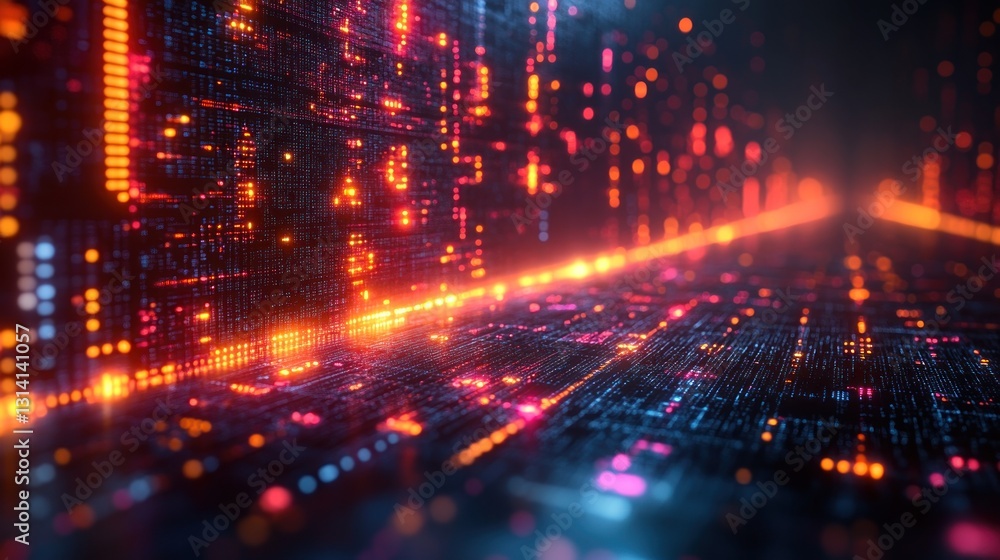 Poster digital circuit pathway, glowing code in data center