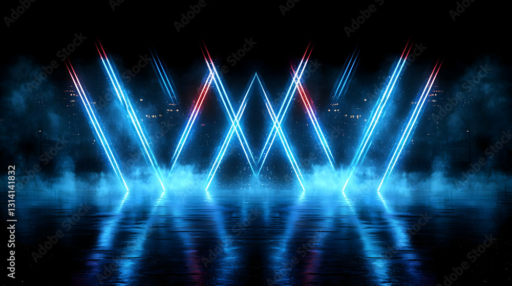 Poster dynamic blue and red neon lights with reflections on wet floor creating a futuristic and atmospheric