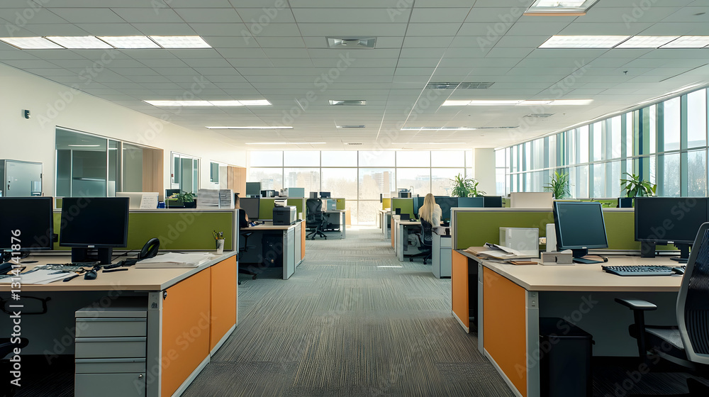 Poster bright modern office interior with empty desks computers and city view through large windows in cont