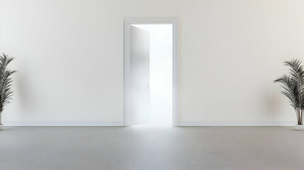 Fototapeta premium Open White Door In Minimalist Room With Plants Symbolizing New Beginnings Opportunities And The Path To The Future