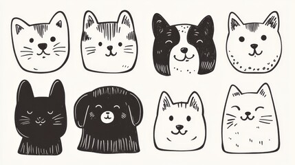 Cute Hand-Drawn Animal Faces Collection of Cats and Dogs in Black and White Style