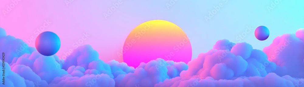 Poster vibrant clouds with floating spheres and a colorful sun in the sky