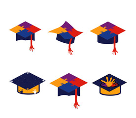 Creative Graduation Cap Logo Set with Helping Hands, Colorful Academic Symbols, and Unique Education-Inspired Designs for Learning, Success, and Achievement