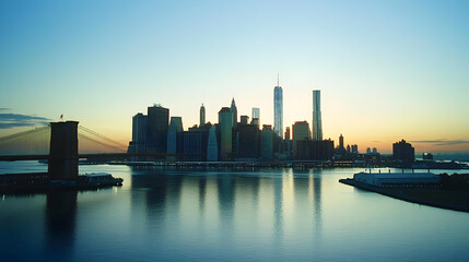Fototapeta premium Pixel Art New York City Skyline at Sunset with Brooklyn Bridge over East River