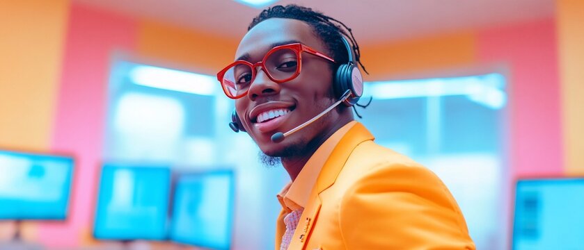 Smiling man with headset speaks at call center, colorful backdrop