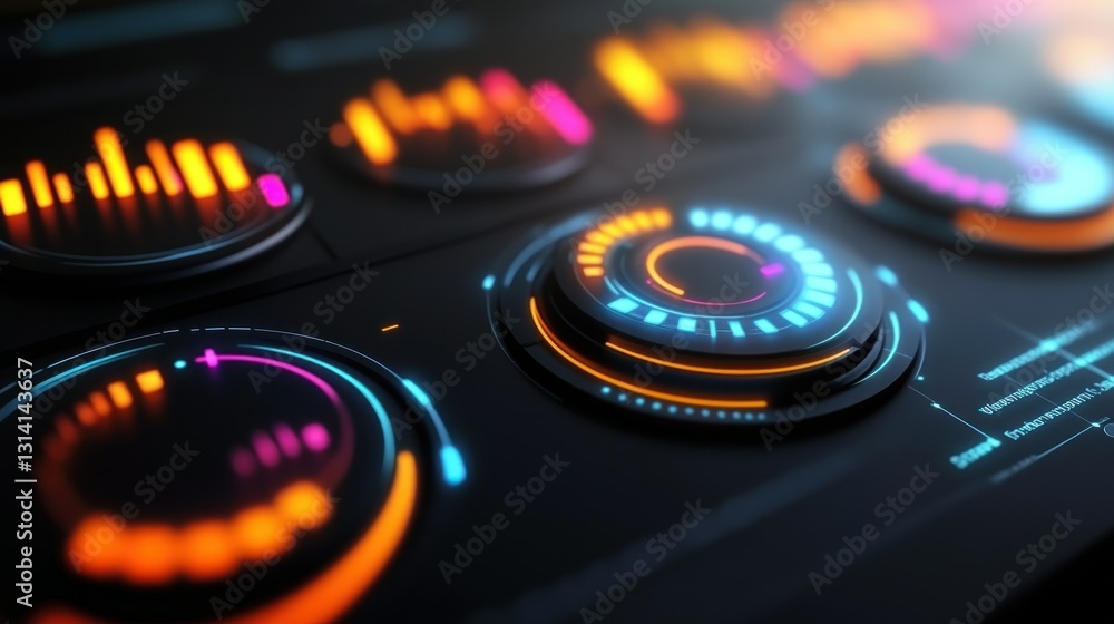 Poster glowing futuristic technology interface featuring digital circular readouts and displays