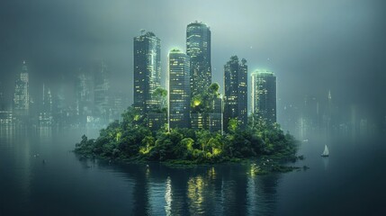 Obraz premium Eco-City Island: A Futuristic Metropolis Integrated with Nature