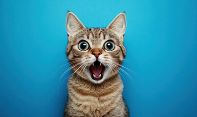 Wide eyed very surprised tabby cat marveling, mouth agape, wide open and wide eyes against bright blue background, expressing pure feline shock and wonder