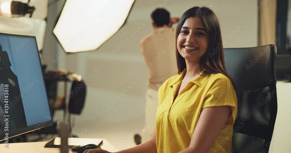 Poster Woman, face or photo editor on computer in studio for checking image design or creative magazine. Backstage, portrait and person on technology for retouching picture or digital media or photoshoot