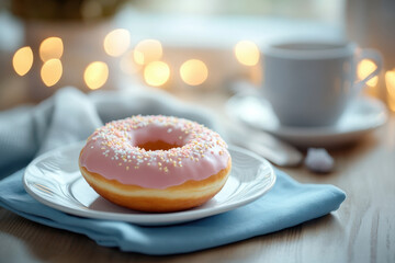 Pink donut on white plate, sprinkled with colorful toppings, tempting and ready to be eaten.
