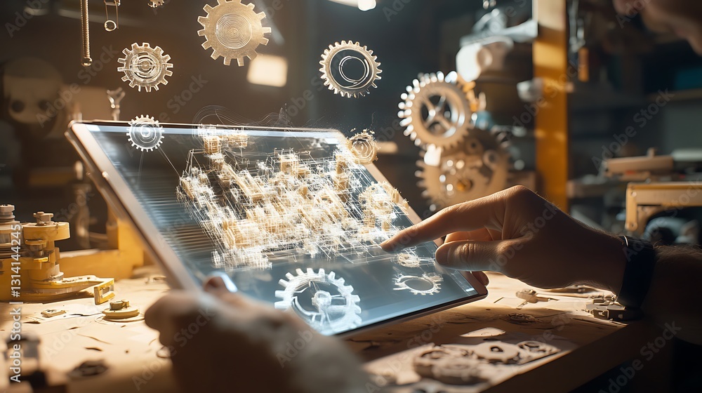 Poster hands using tablet showing digital gears and workshop.