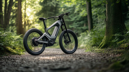 Naklejka premium Futuristic electric mountain bike parked on a forest trail