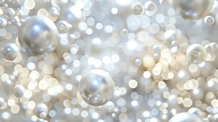 A close-up of a pile of pearls with blurry, white and gold bokeh lights.