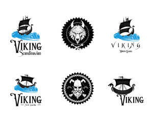 Viking Logo Set with Norse Ships, Warrior Helmets, Wolf and Nordic Symbols for Scandinavian History, Mythology, and Branding Design