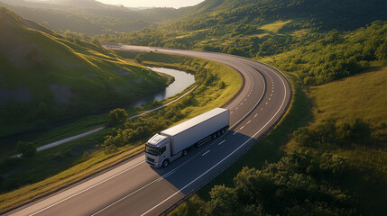 Aerial view of a modern electric truck driving on a scenic highway through green hills