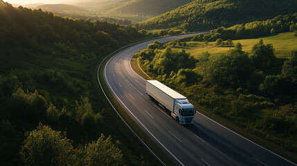 Aerial view of a modern electric truck driving on a scenic highway through green hills