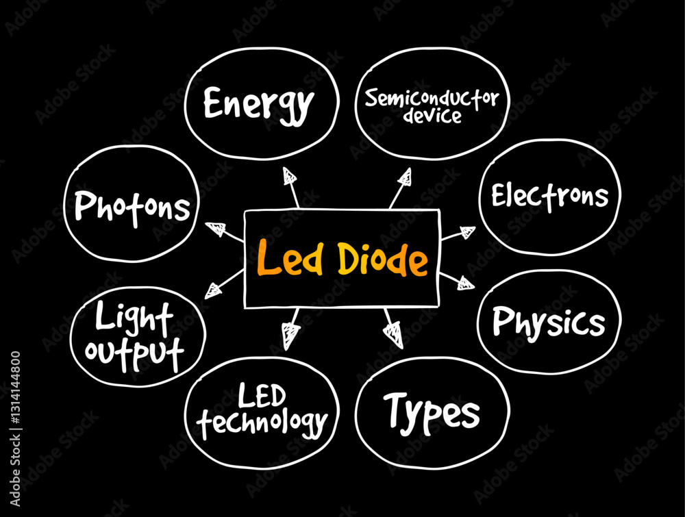 Poster led diode - semiconductor light source that emits light when current flows through it, mind map text