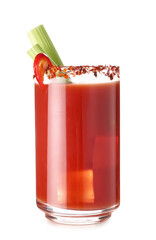 Glass of bloody mary cocktail with chili pepper and celery on white background