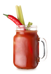Mason jar of bloody mary cocktail with chili pepper and celery on white background