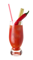 Glass of bloody mary cocktail with celery and chili pepper on white background
