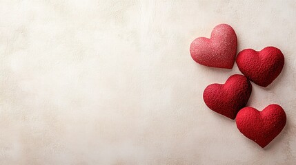 Obraz premium Four red heart shaped objects on a textured cream surface