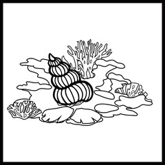 Cartoon undersea coral reefs and seashells line art