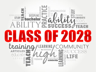 Fototapeta premium Class of 2028 - the group of students who graduated from high school or college in the year 2028, word cloud concept background