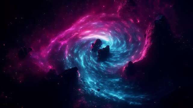 Abstract nebula space animation with swirling pink and blue colors. Perfect for sci-fi themes, astronomy visuals, and futuristic designs.
