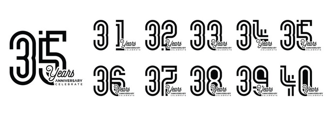 Anniversary vector logo design 30 years to 39 years with black color on white background can be used for special moment celebration, birthday, greeting