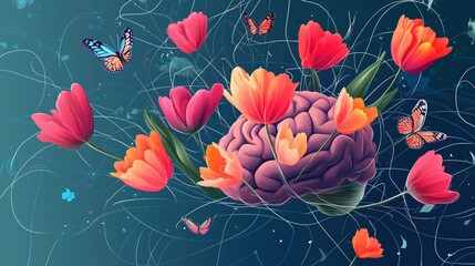 Stylized illustration of a brain with neural connections reimagined as colorful tulips (Parkinson's symbol) and butterflies, symbolizing hope and transformation, inspirational World Parkinson's Diseas