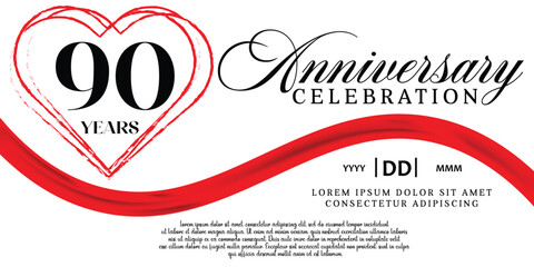 Vector 90th anniversary celebration logo lovely red ribbon abstract vector on white background design template illustration.