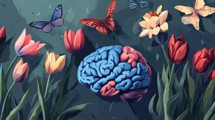 Stylized illustration of a brain with neural connections reimagined as colorful tulips (Parkinson's symbol) and butterflies, symbolizing hope and transformation, inspirational World Parkinson's Diseas
