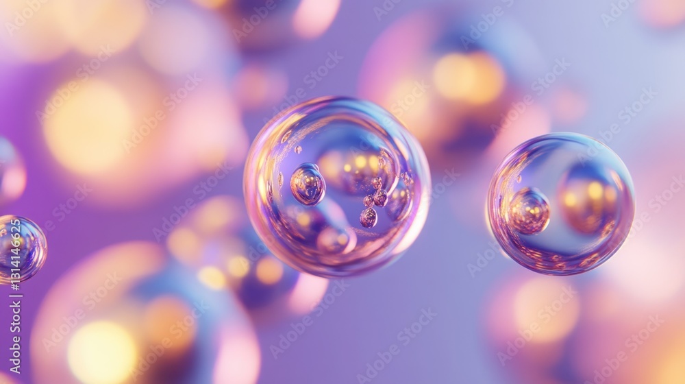 Poster iridescent spheres floating and reflecting light within a blurred background