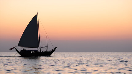 Fototapeta premium The dhow boat sails serenely on still waters at dusk, enhancing the tranquil mood