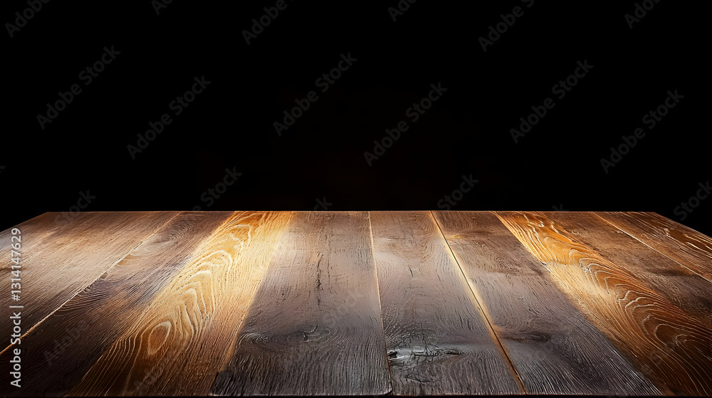 Poster empty rustic brown wooden table top against a dark background with dramatic lighting perfect for pro