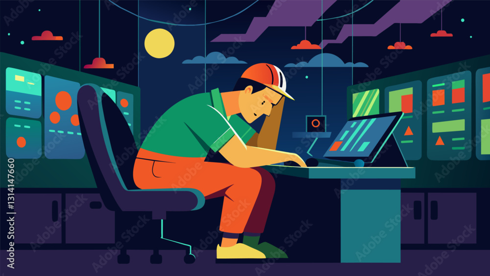 Poster in a corner of the control room an operator slumps in their chair exhausted after hours of nonstop m